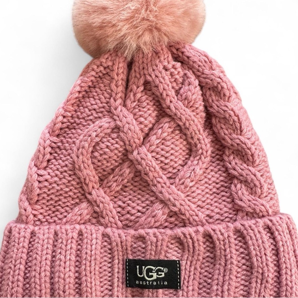 UGG Pink Cable Knit Beanie with Pom-Pom - Picture 2 of 5